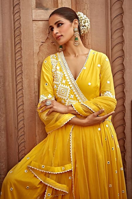 Shop_Preevin_Yellow Cotton, Tulle, Net Mirrors, Diamond Bloom Angarkha Anarkali With Dupatta _Online_at_Aza_Fashions