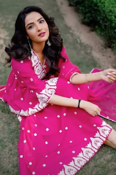 PREEVIN Pink Cotton Mulmul Embroidery And Mirror Temple Kurta Sharara Set  