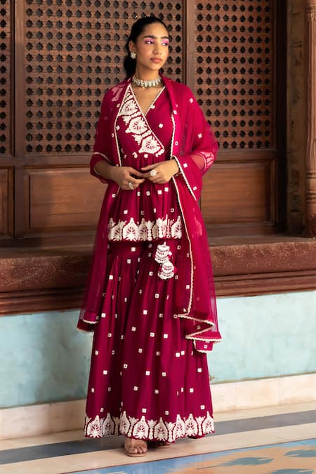 Preevin_Pink Cotton, Tulle Mirrors, Embroidery Thread And Temple Kurta Sharara Set _at_Aza_Fashions