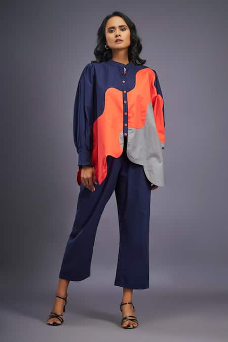 Deepika Arora Blue 100% Cotton Colour Block Mandarin Collar Asymmetric Shirt With Pant 