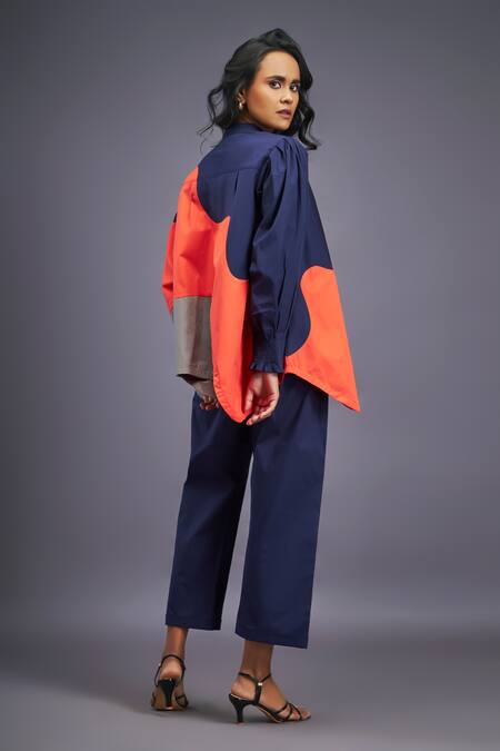 Shop Deepika Arora Blue Cotton Mandarin Collar Colour Block Asymmetric Shirt With Pant at Aza Fashions Shop_Deepika Arora_Blue Cotton Mandarin Collar Colour Block Asymmetric Shirt With Pant_at_Aza_Fashions