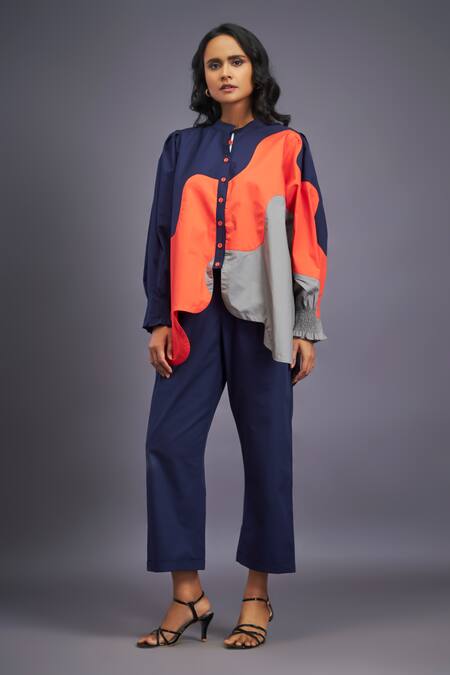 Deepika Arora Blue Cotton Mandarin Collar Colour Block Asymmetric Shirt With Pant Online at Aza Fashions Deepika Arora_Blue Cotton Mandarin Collar Colour Block Asymmetric Shirt With Pant_Online_at_Aza_Fashions