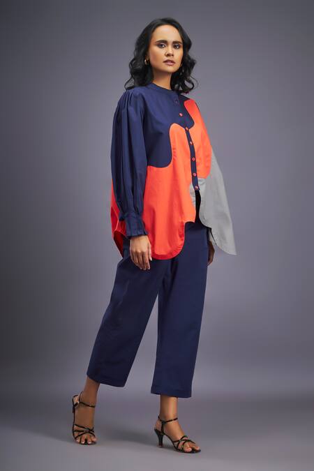 Buy Deepika Arora Blue Cotton Mandarin Collar Colour Block Asymmetric Shirt With Pant Online at Aza Fashions Buy_Deepika Arora_Blue Cotton Mandarin Collar Colour Block Asymmetric Shirt With Pant_Online_at_Aza_Fashions