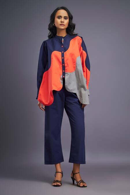 Shop Deepika Arora Blue Cotton Mandarin Collar Colour Block Asymmetric Shirt With Pant Online at Aza Fashions Shop_Deepika Arora_Blue Cotton Mandarin Collar Colour Block Asymmetric Shirt With Pant_Online_at_Aza_Fashions