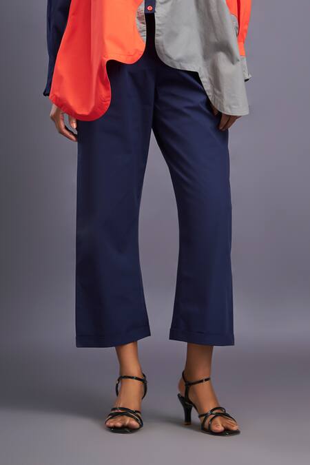 Buy Deepika Arora Blue Cotton Mandarin Collar Colour Block Asymmetric Shirt With Pant Buy_Deepika Arora_Blue Cotton Mandarin Collar Colour Block Asymmetric Shirt With Pant