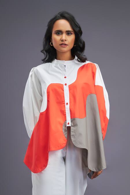 Deepika Arora White Cotton Mandarin Collar Asymmetric Colour Block Shirt With Pant Online at Aza Fashions Deepika Arora_White Cotton Mandarin Collar Asymmetric Colour Block Shirt With Pant_Online_at_Aza_Fashions