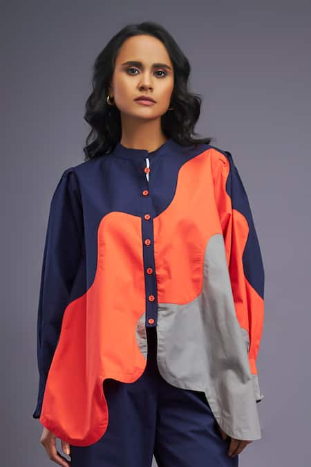 Deepika Arora Blue 100% Cotton Colour Block Mandarin Collar Asymmetric Shirt 