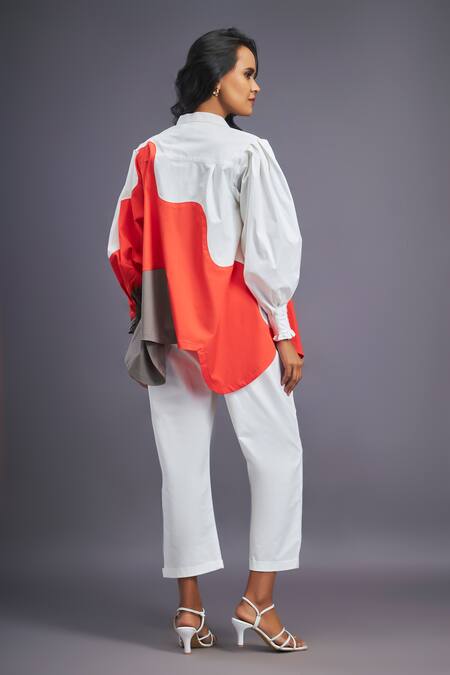 Shop Deepika Arora White Cotton Mandarin Collar Colour Block Asymmetric Shirt at Aza Fashions Shop_Deepika Arora_White Cotton Mandarin Collar Colour Block Asymmetric Shirt_at_Aza_Fashions