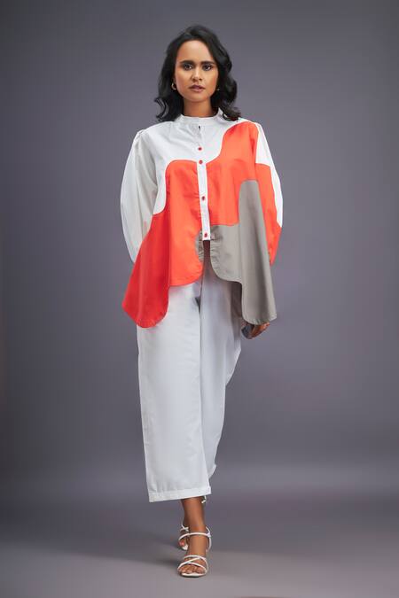 Deepika Arora White Cotton Mandarin Collar Colour Block Asymmetric Shirt Online at Aza Fashions Deepika Arora_White Cotton Mandarin Collar Colour Block Asymmetric Shirt_Online_at_Aza_Fashions