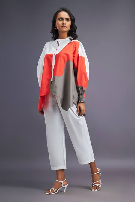 Buy Deepika Arora White Cotton Mandarin Collar Colour Block Asymmetric Shirt Online at Aza Fashions Buy_Deepika Arora_White Cotton Mandarin Collar Colour Block Asymmetric Shirt_Online_at_Aza_Fashions