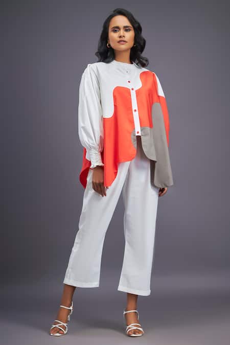 Shop Deepika Arora White Cotton Mandarin Collar Colour Block Asymmetric Shirt Online at Aza Fashions Shop_Deepika Arora_White Cotton Mandarin Collar Colour Block Asymmetric Shirt_Online_at_Aza_Fashions
