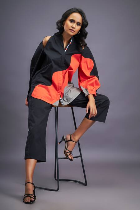 Buy_Deepika Arora_Black Cotton Mandarin Collar Colour Block Shirt With Pant_Online_at_Aza_Fashions