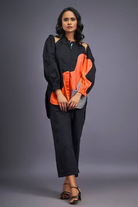 Shop_Deepika Arora_Black Cotton Mandarin Collar Colour Block Shirt With Pant_Online_at_Aza_Fashions