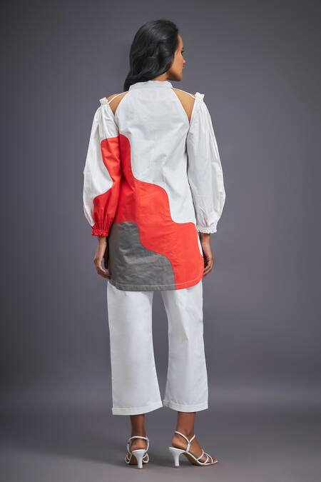 Shop Deepika Arora White Cotton Mandarin Collar Colour Block Cut-out Shirt With Pant at Aza Fashions Shop_Deepika Arora_White Cotton Mandarin Collar Colour Block Cut-out Shirt With Pant_at_Aza_Fashions