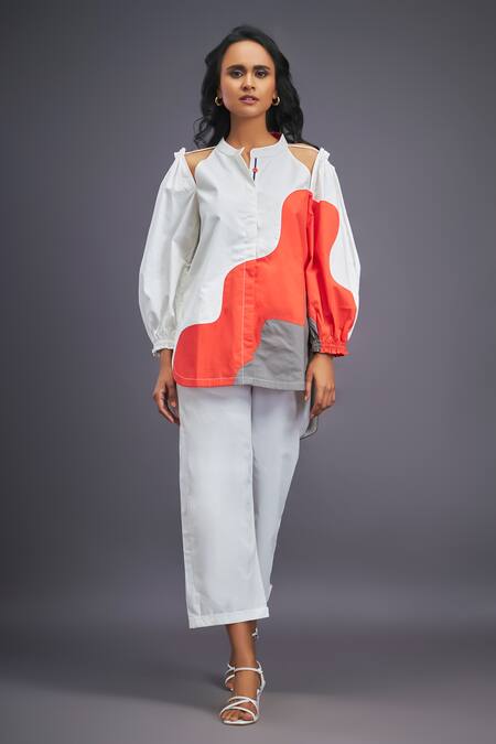 Deepika Arora White Cotton Mandarin Collar Colour Block Cut-out Shirt With Pant Online at Aza Fashions Deepika Arora_White Cotton Mandarin Collar Colour Block Cut-out Shirt With Pant_Online_at_Aza_Fashions