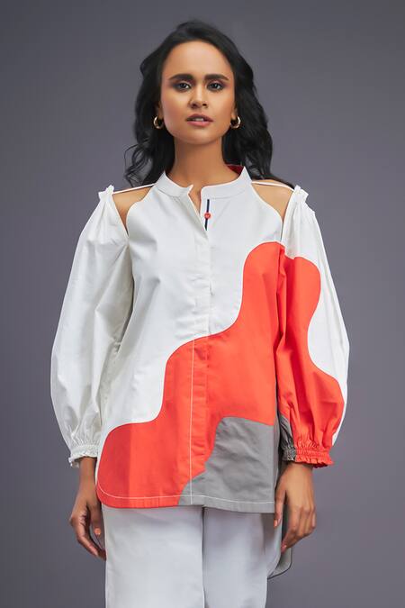 Buy Deepika Arora White Cotton Mandarin Collar Colour Block Cut-out Shirt With Pant Online at Aza Fashions Buy_Deepika Arora_White Cotton Mandarin Collar Colour Block Cut-out Shirt With Pant_Online_at_Aza_Fashions