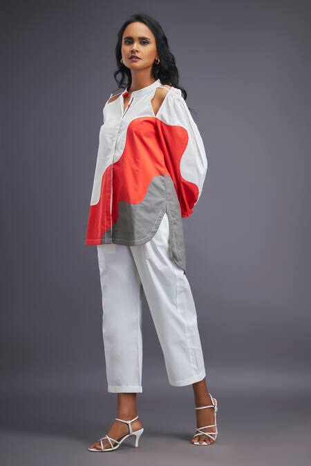 Deepika Arora White Cotton Mandarin Collar Colour Block Cut-out Shirt With Pant at Aza Fashions Deepika Arora_White Cotton Mandarin Collar Colour Block Cut-out Shirt With Pant_at_Aza_Fashions
