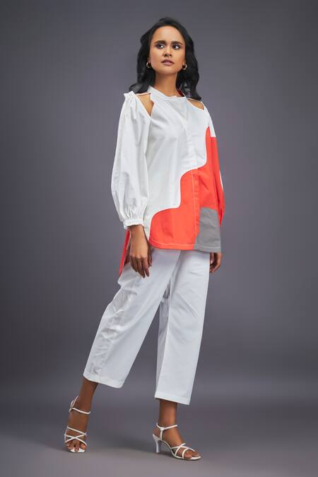 Shop_Deepika Arora_White Cotton Mandarin Collar Colour Block Shirt_Online_at_Aza_Fashions