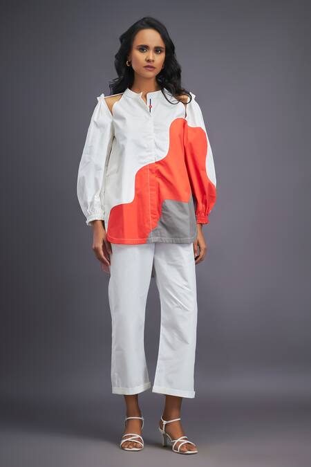 Deepika Arora_White Cotton Mandarin Collar Colour Block Shirt_at_Aza_Fashions