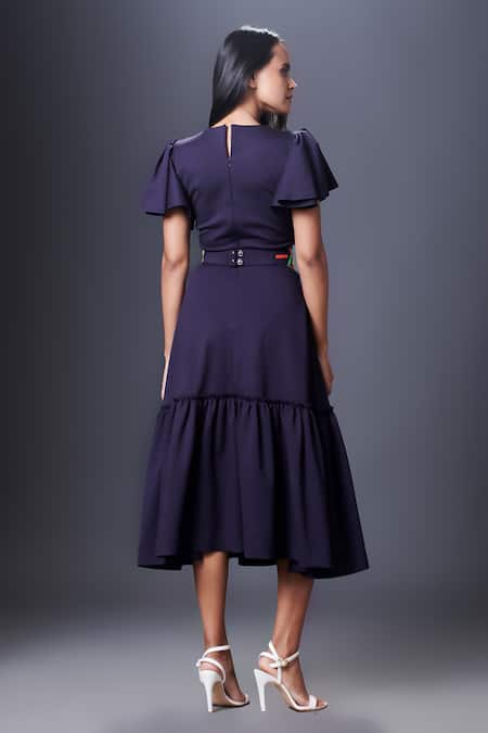 Shop Deepika Arora Blue Poplin Patchwork Round Neck Cut-out Dress With Belt at Aza Fashions Shop_Deepika Arora_Blue Poplin Patchwork Round Neck Cut-out Dress With Belt_at_Aza_Fashions