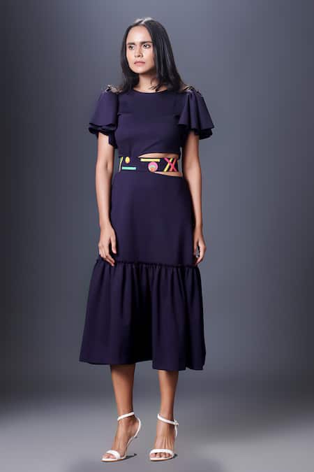 Deepika Arora Blue Poplin Patchwork Round Neck Cut-out Dress With Belt Online at Aza Fashions Deepika Arora_Blue Poplin Patchwork Round Neck Cut-out Dress With Belt_Online_at_Aza_Fashions