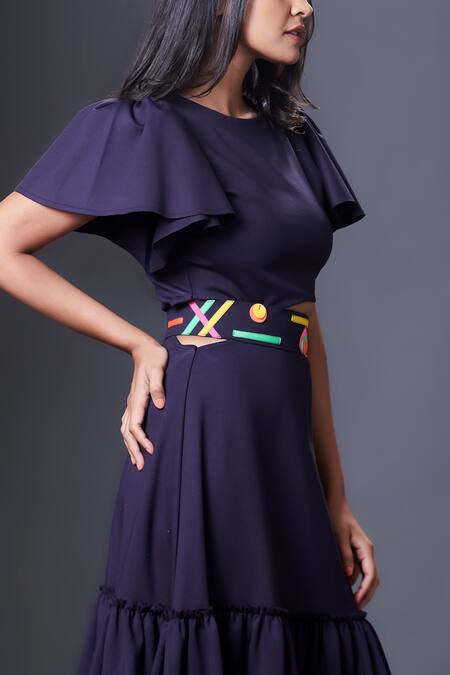 Buy Deepika Arora Blue Poplin Patchwork Round Neck Cut-out Dress With Belt Online at Aza Fashions Buy_Deepika Arora_Blue Poplin Patchwork Round Neck Cut-out Dress With Belt_Online_at_Aza_Fashions
