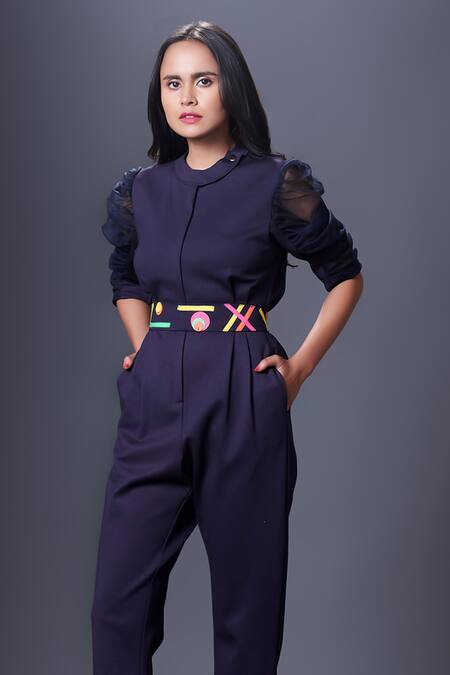 Deepika Arora_Blue Polyester Patchwork Collared Sheer Sleeve Jumpsuit With Belt_Online_at_Aza_Fashions