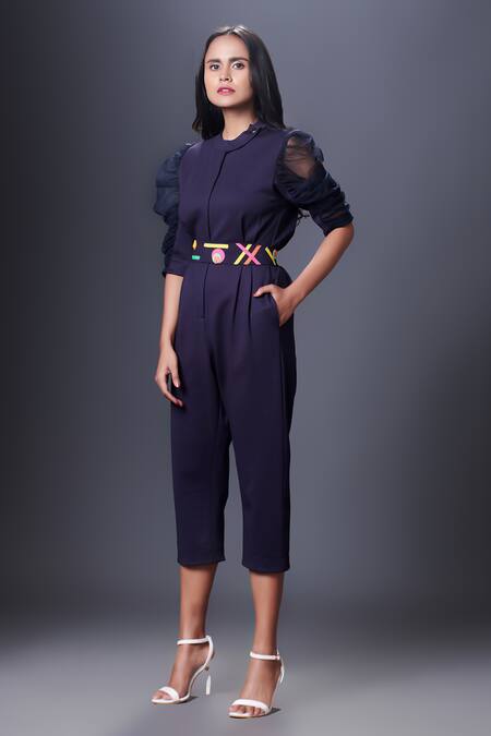 Buy_Deepika Arora_Blue Polyester Patchwork Collared Sheer Sleeve Jumpsuit With Belt_Online_at_Aza_Fashions