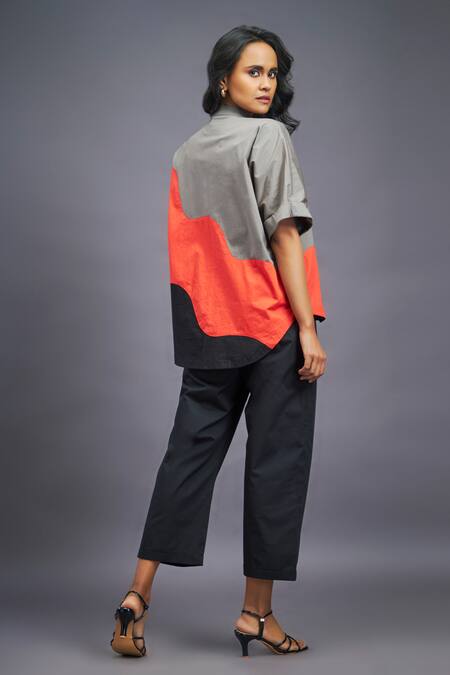 Shop Deepika Arora Black Cotton Mandarin Collar Color Blocked Box Fit Shirt And Pant Set at Aza Fashions Shop_Deepika Arora_Black Cotton Mandarin Collar Color Blocked Box Fit Shirt And Pant Set_at_Aza_Fashions