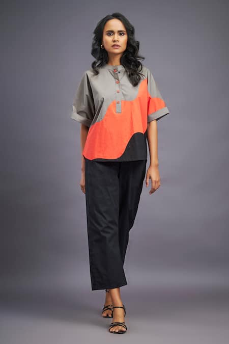 Deepika Arora Black Cotton Mandarin Collar Color Blocked Box Fit Shirt And Pant Set Online at Aza Fashions Deepika Arora_Black Cotton Mandarin Collar Color Blocked Box Fit Shirt And Pant Set_Online_at_Aza_Fashions