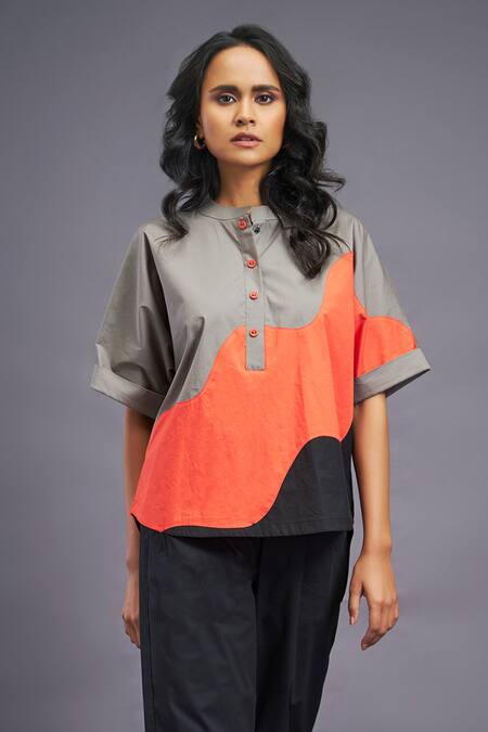 Buy Deepika Arora Black Cotton Mandarin Collar Color Blocked Box Fit Shirt And Pant Set Online at Aza Fashions Buy_Deepika Arora_Black Cotton Mandarin Collar Color Blocked Box Fit Shirt And Pant Set_Online_at_Aza_Fashions
