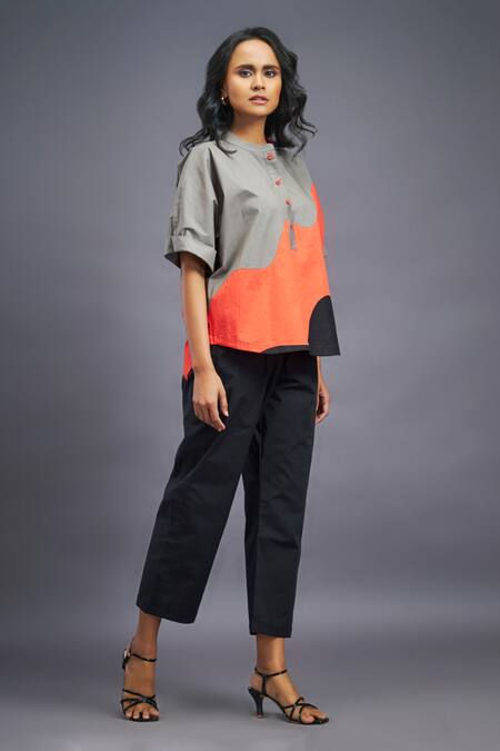 Buy Deepika Arora Black Cotton Mandarin Collar Color Blocked Box Fit Shirt Online at Aza Fashions Buy_Deepika Arora_Black Cotton Mandarin Collar Color Blocked Box Fit Shirt_Online_at_Aza_Fashions