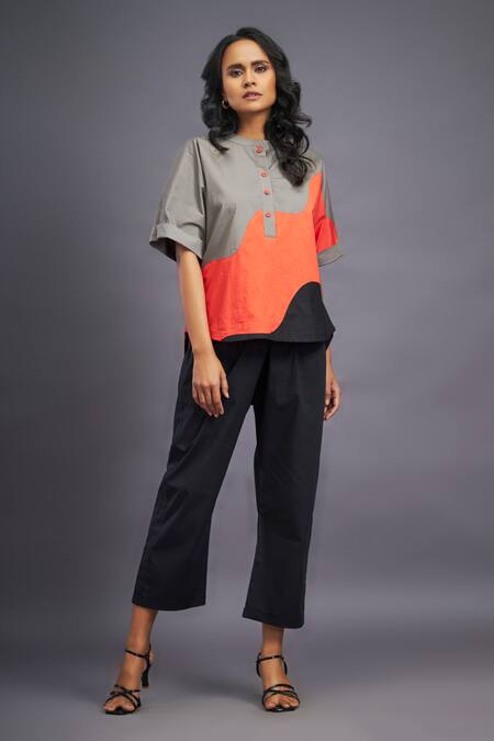 Shop Deepika Arora Black Cotton Mandarin Collar Color Blocked Box Fit Shirt Online at Aza Fashions Shop_Deepika Arora_Black Cotton Mandarin Collar Color Blocked Box Fit Shirt_Online_at_Aza_Fashions