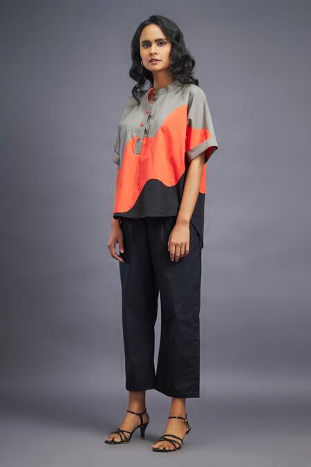 Deepika Arora Black Cotton Mandarin Collar Color Blocked Box Fit Shirt at Aza Fashions Deepika Arora_Black Cotton Mandarin Collar Color Blocked Box Fit Shirt_at_Aza_Fashions