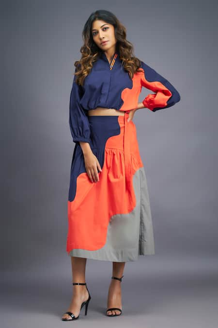 Deepika Arora Blue 100% Cotton Mandarin Collar Color Blocked Shirt And Skirt Set 