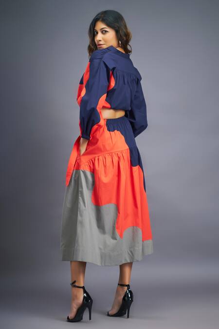 Shop Deepika Arora Blue Cotton Mandarin Collar Color Blocked Shirt And Skirt Set at Aza Fashions Shop_Deepika Arora_Blue Cotton Mandarin Collar Color Blocked Shirt And Skirt Set_at_Aza_Fashions