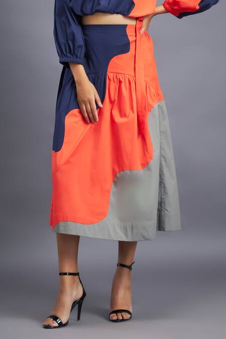Deepika Arora Blue Cotton Mandarin Collar Color Blocked Shirt And Skirt Set Online at Aza Fashions Deepika Arora_Blue Cotton Mandarin Collar Color Blocked Shirt And Skirt Set_Online_at_Aza_Fashions