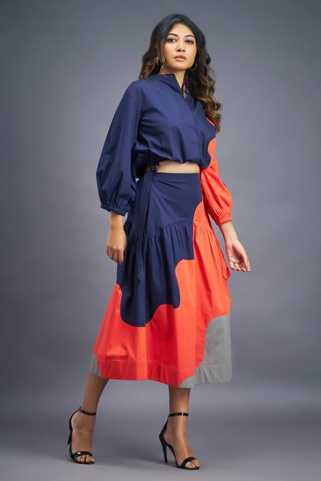 Buy Deepika Arora Blue Cotton Mandarin Collar Color Blocked Shirt And Skirt Set Online at Aza Fashions Buy_Deepika Arora_Blue Cotton Mandarin Collar Color Blocked Shirt And Skirt Set_Online_at_Aza_Fashions