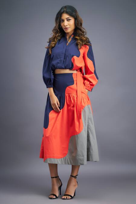 Shop Deepika Arora Blue Cotton Mandarin Collar Color Blocked Shirt And Skirt Set Online at Aza Fashions Shop_Deepika Arora_Blue Cotton Mandarin Collar Color Blocked Shirt And Skirt Set_Online_at_Aza_Fashions