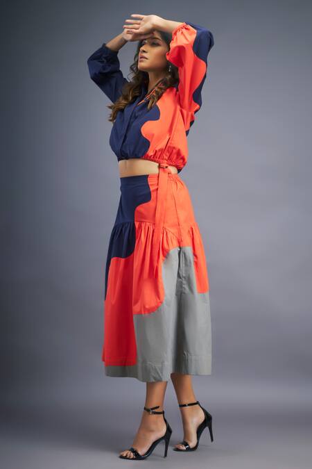 Buy Deepika Arora Blue Cotton Mandarin Collar Color Blocked Shirt And Skirt Set Buy_Deepika Arora_Blue Cotton Mandarin Collar Color Blocked Shirt And Skirt Set