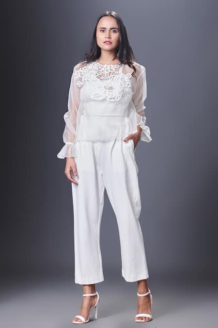 Deepika Arora White Ponte Roma Embroidered Cutwork Round Top And Pant Set 