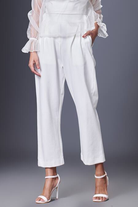 Deepika Arora_White Polyester Cut Work, Sequins Round Neck Embroidered Top And Pant Set_Online_at_Aza_Fashions