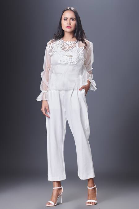 Deepika Arora White Polyester Cut Work, Sequins Round Neck Cutwork Embroidered Top Online at Aza Fashions Deepika Arora_White Polyester Cut Work, Sequins Round Neck Cutwork Embroidered Top_Online_at_Aza_Fashions