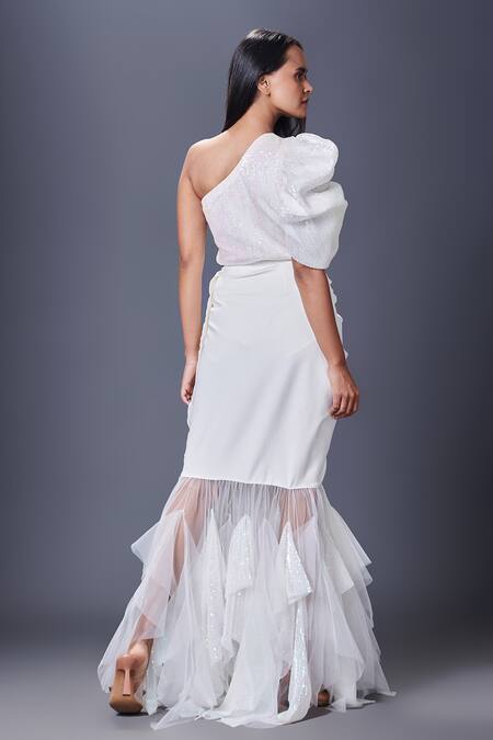 Shop Deepika Arora White Net, Polyester Sequins One Shoulder Work Bodysuit And Skirt Set at Aza Fashions Shop_Deepika Arora_White Net, Polyester Sequins One Shoulder Work Bodysuit And Skirt Set_at_Aza_Fashions