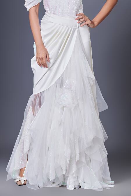 Buy Deepika Arora White Net, Polyester Sequins One Shoulder Work Bodysuit And Skirt Set Online at Aza Fashions Buy_Deepika Arora_White Net, Polyester Sequins One Shoulder Work Bodysuit And Skirt Set_Online_at_Aza_Fashions