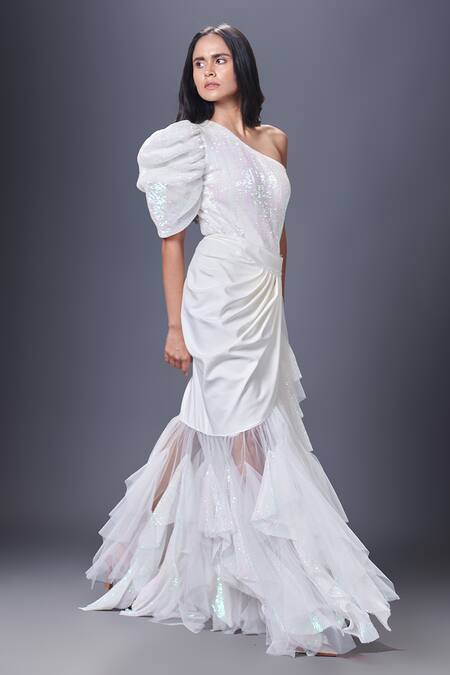 Shop Deepika Arora White Net, Polyester Sequins One Shoulder Work Bodysuit And Skirt Set Online at Aza Fashions Shop_Deepika Arora_White Net, Polyester Sequins One Shoulder Work Bodysuit And Skirt Set_Online_at_Aza_Fashions