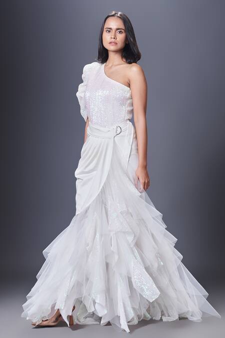 Deepika Arora White Net, Polyester Sequins One Shoulder Work Bodysuit And Skirt Set at Aza Fashions Deepika Arora_White Net, Polyester Sequins One Shoulder Work Bodysuit And Skirt Set_at_Aza_Fashions