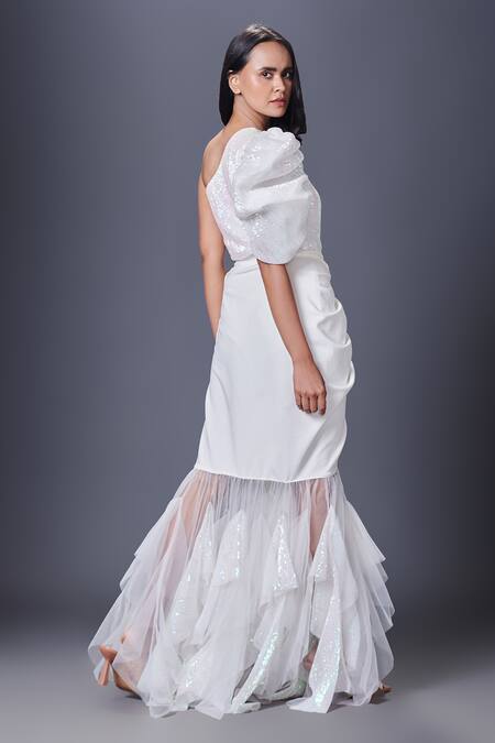Buy Deepika Arora White Net, Polyester Sequins One Shoulder Work Bodysuit And Skirt Set Buy_Deepika Arora_White Net, Polyester Sequins One Shoulder Work Bodysuit And Skirt Set