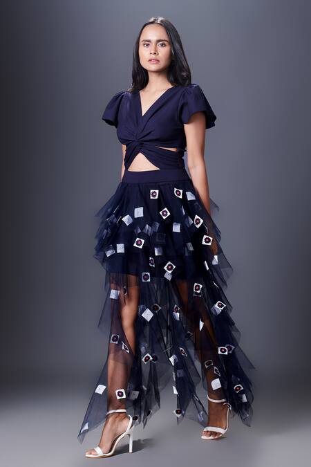 Shop_Deepika Arora_Blue Polyester Embroidery V-neck Ruffled Dress_Online_at_Aza_Fashions