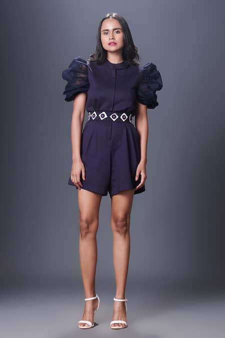 Deepika Arora Puffed Sleeve Embroidered Playsuit With Belt 